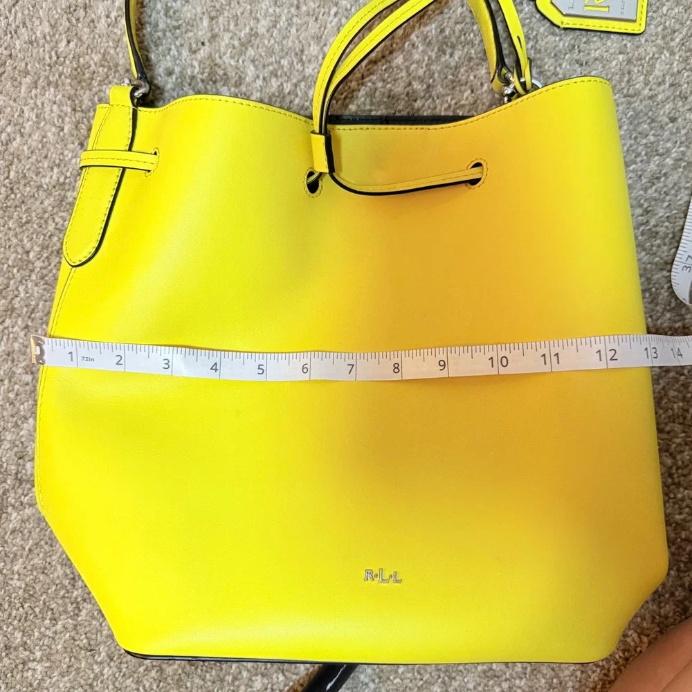 NEW Lauren Ralph Lauren Debby 100% Leather Drawstring Bucket Bag Purse Dandelion